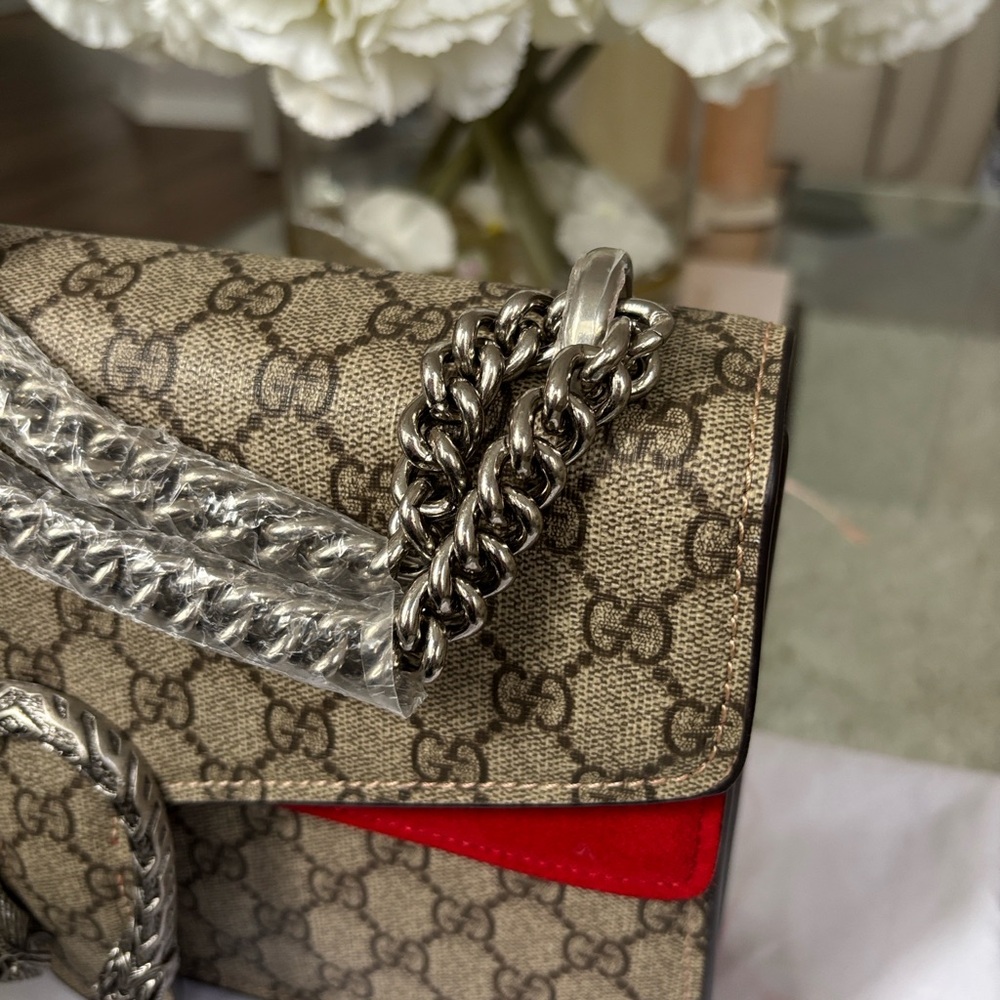 Designer Inspired G G Supreme Shoulder Bag in Brown Monogram with Red Suede - Picture 13 of 14